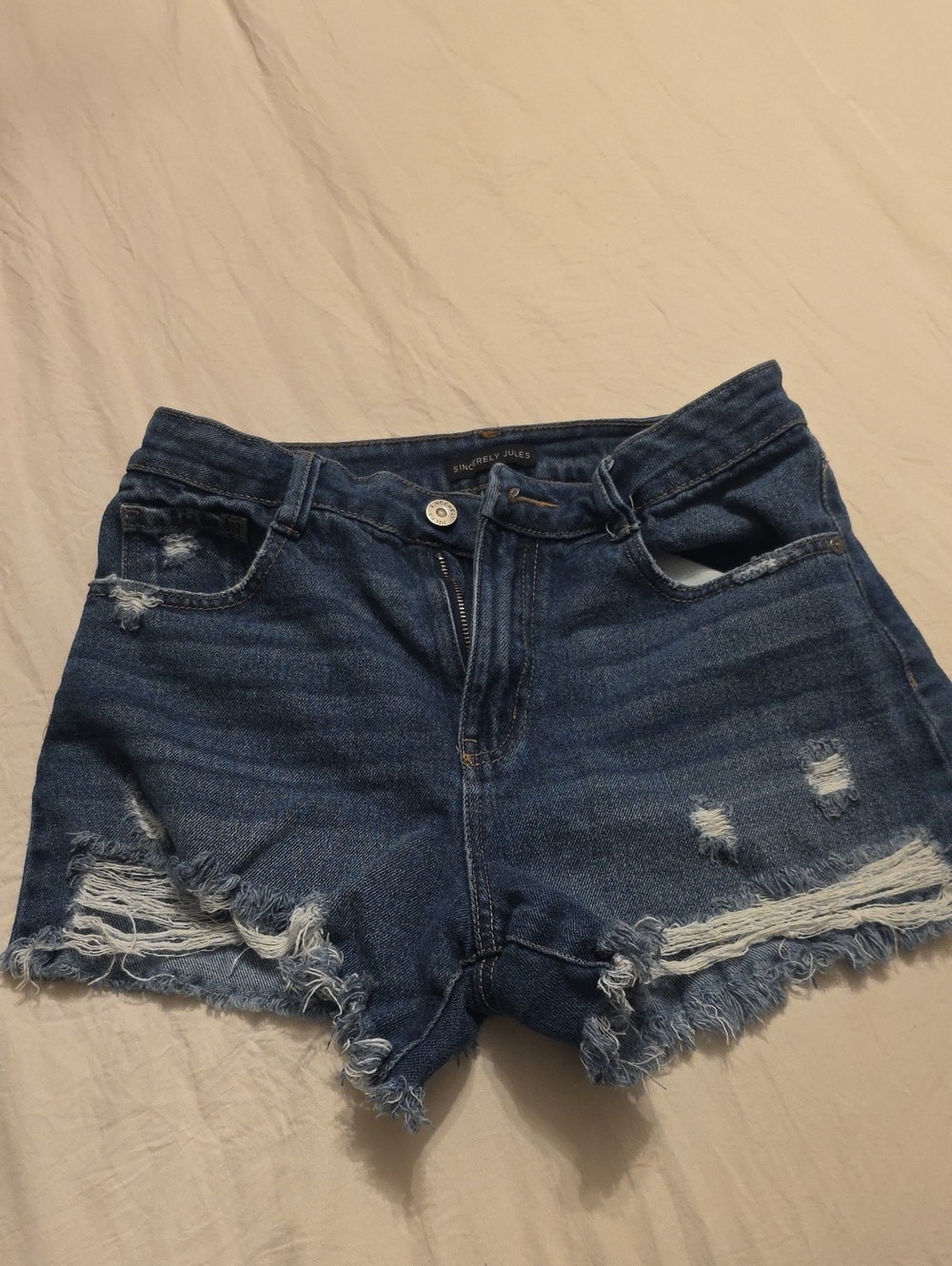 Sincerely Jules Dark Blue Distressed Denim Shorts